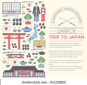 Country Japan travel vacation guide of goods, places and features. Set of architecture, fashion, people, items, nature background concept. Infographic template design for web and mobile on thin lines