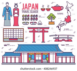 Country Japan travel vacation guide of goods, place and feature. Set of architecture, fashion, people, item, nature background concept. Infographic traditional ethnic flat, outline, thin line icon