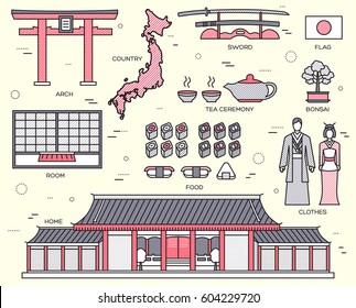 Country Japan travel vacation guide of goods, place and feature. Set of architecture, fashion, people, item, nature background concept. Infographic traditional ethnic flat, outline, thin line