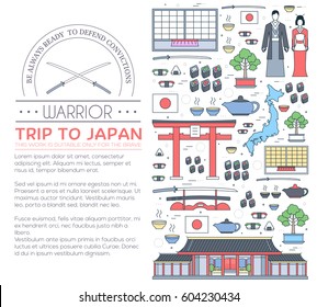Country Japan travel vacation guide of goods, places and features. Set of architecture, fashion, people, items, nature background concept. Infographic template design for web and mobile on thin lines