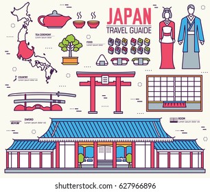 Country Japan travel vacation guide of goods, place and feature. Set of architecture, fashion, people, item, nature background concept. Infographic traditional ethnic flat, outline, thin line icon