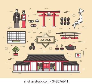 Country Japan trip of goods, places and features in thin lines style design. Set of architecture, fashion, people, items, nature background concept. Infographic template  for web and mobile on flat