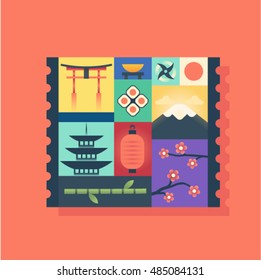 Country Japan, vector flat illustration, icon set: gate, food, sushi, weapon, flag, mountain, building, lantern, bamboo, flower