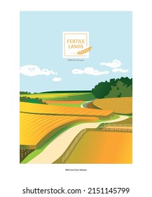 
Country lands vector postcard. Fields of wheat. Landscape. Farming. Beautiful autumn landscape. Bright blue sky with clouds. Country background.