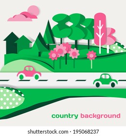 Country landscape background of green cardboard figures