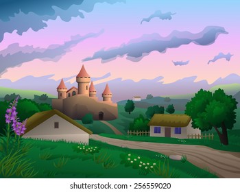 Country landscape with castle on sunset