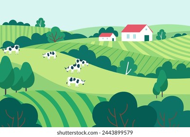 Country landscape with cows grazing on green meadows. Green pastures with agricultural fields, trees, shrubs and rural houses.