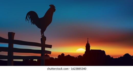 Country landscape at dawn with a rooster perched on a fence in the foreground and a traditional village in France on the horizon.