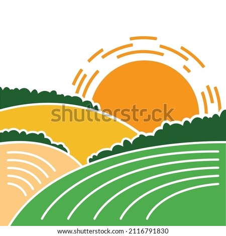 Country landscape with fields and sun. Vector color flat style illustration background for text or design.