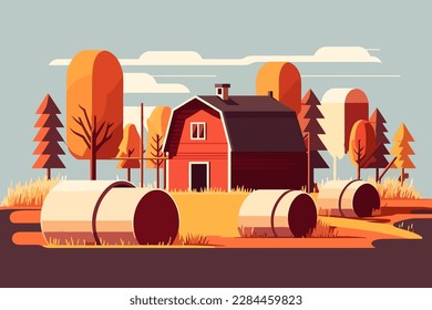 Country landscape with haystacks and house. Vector illustration in flat style. A field with bales of hay and a barn in the background