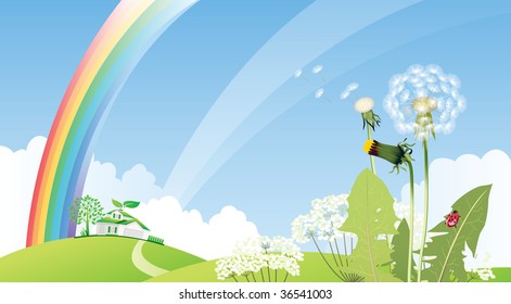 Country landscape with house. All elements and textures are individual objects. Vector illustration scale to any size.