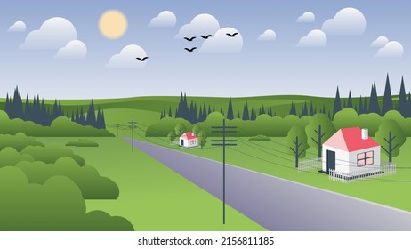 Country landscape. Houses with a fence, trees near the highway among the fields against the background of the forest, hills, sky with the sun, clouds, flying birds. Flat design. Vector.