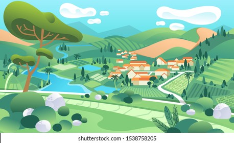 country landscape illustration with houses, river, mountain, trees and beautiful scenery vector. editable vector illustration.