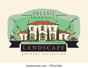 Country landscape. Ink and pen hand drawing. Vector illustration made in vintage style.