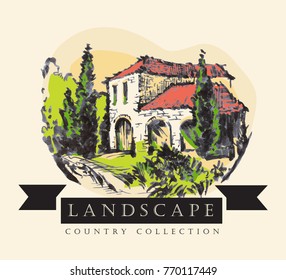 Country landscape. Ink and pen hand drawing. Vector illustration made in vintage style.