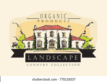 Country landscape. Ink and pen hand drawing. Vector illustration made in vintage style.