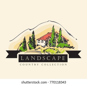 Country landscape. Ink and pen hand drawing. Vector illustration made in vintage style.