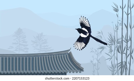 Country landscape in Korean style. Magpie flies over the roof. Bamboo grove, Korean cedar, highlands. Desktop wallpaper, banner, poster. Vector illustration.