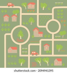 Country Landscape With Little Houses, Trees And Roads. PlayMat, Board Game, Poster For Children's Room. Hand-drawn Vector Illustration For Decoration