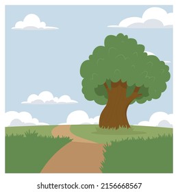 Country landscape with oak, square frame vector