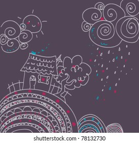 Country landscape on violet background
