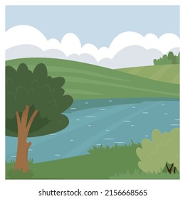 Paisaje del país con río, vector de marco cuadrado