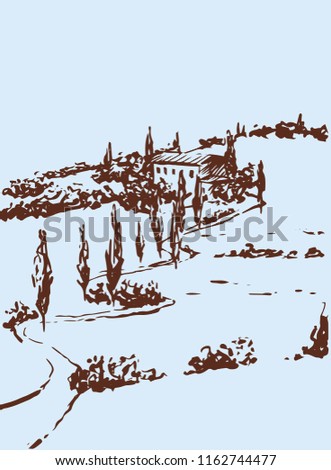Country landscape. Scetch hand drawn artwork. Toscana Village landscape.