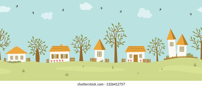 Country landscape. Seamless border. Spring or summer in the village. There are houses and trees against the sky with clouds. There are also swallow birds in the picture. Vector flat illustration.