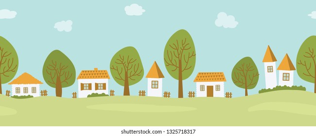 Country landscape. Seamless border. Summer in the village. There are houses and trees against the sky with clouds. Vector flat illustration.