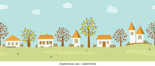 Country landscape. Seamless border. Summer in the village. There are houses and trees with fruits against the sky with clouds. Vector flat illustration.