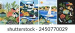 Country landscape. Summer and nature. Vector cute illustrations of a village, town, lake with a boat, house, river, city, street, bush for a poster, background or card