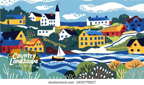 Landschaft der Country. Sommer und Natur. Vektorgrafik Nette Abbildungen eines Dorfes, einer Stadt, eines Sees mit einem Boot, einem Haus, einem Fluss, einer Stadt, einer Straße, einem Busch für ein Poster, einen Hintergrund oder eine Karte