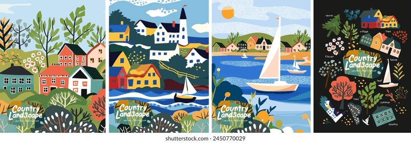 Country landscape. Summer and nature. Vector cute illustrations of a village, town, lake with a boat, house, river, city, street, bush for a poster, background or card