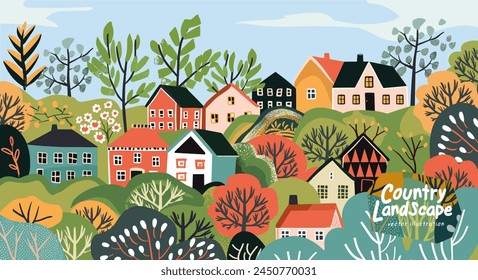 Country landscape. Summer and nature. Vector cute illustrations of a village, town, farm, rural house,  city, street, bush for a poster, background or banner