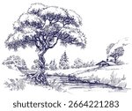 Country landscape with a tree on a small river drawing