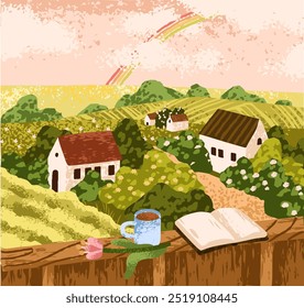 Country landscape. View on cozy village with houses, fields, gardens. Leisure, recreation time at countryside with book and tea cup, rural nature on summer holiday, vacation. Flat vector illustration