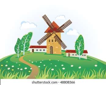 Country landscape with windmills and village. Summer landscape.