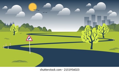 Country landscape.A winding road with a road sign among fields and trees against the backdrop of a forest, urban architecture, sky with the sun, clouds, silhouettes of flying birds. Flat design.Vector