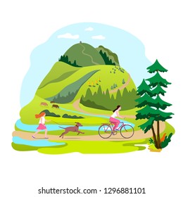 Country landscape.Colorful people in nature. Forest, river and mountains. Mather ride a bike. Daughter run with dog.Weekends. 