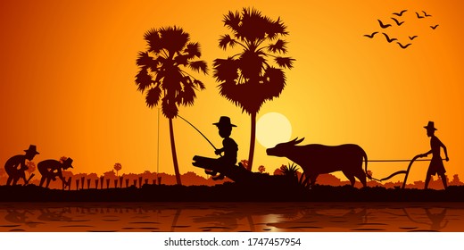 country life of Asia boy fishing while farmer plants rice and another plows field by buffalo. Sunrise time silhouette style vector illustration