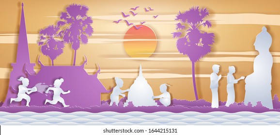 country life of Asia children play water and build sand pagoda while couple pour water to Buddha sculpture on sunrise time,silhouette style,vector illustration