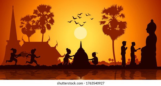 country life of Asia children play water and build sand pagoda while couple pour water to Buddha sculpture on sunrise time,silhouette style,vector illustration