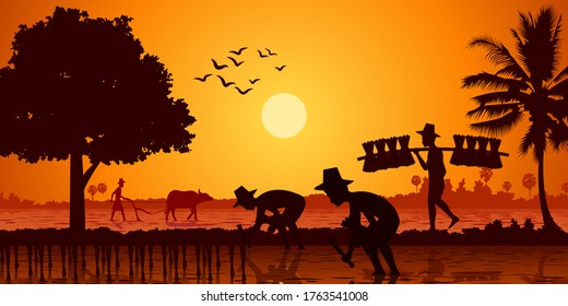 country life of Asia farmer plant rice while a man carry rice seedling and another plow field by buffalo on sunrise time,silhouette style,vector illustration