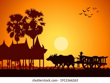 country life of Asia farmer ride cart to go to do work sunrise time,silhouette style,vector illustration