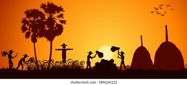 country life of Asia man harvest rice on sunrise time,silhouette style,vector illustration
