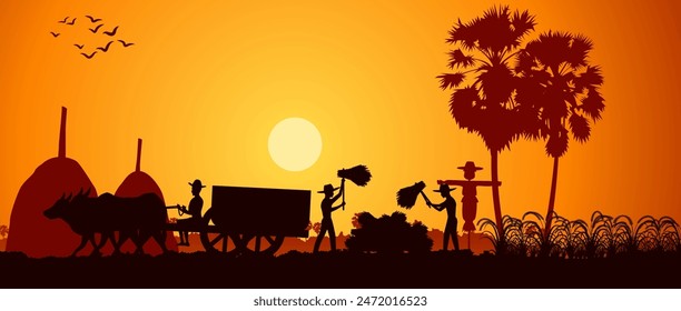 country life of Asia man harvest rice and another move rice by cart on sunrise time,silhouette style,vector illustration