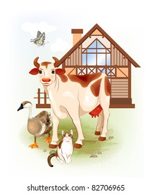 Country life.  Farm animals. Cow, cat and goose.