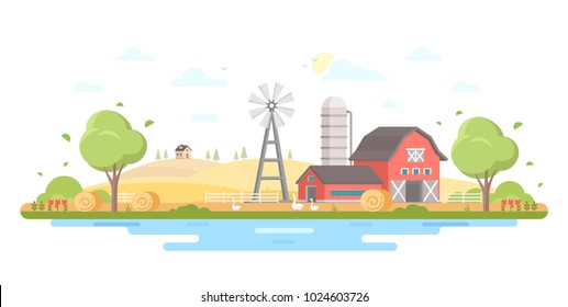 Country life - modern flat design style vector illustration on white background. A composition with a village, a lovely house, barn, trees, pond, windmill, silage tower, farm animals, haystacks