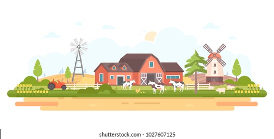 Country Life - Modern Flat Design Style Vector Illustration On White Background. A Composition With A Village, A Barn, Tractor, Windmill, Farm Animals. Agricultural Concept