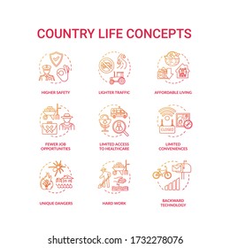 Country life red concept icons set. Advantage and disadvantage of farming. Work outside city. Village living idea thin line RGB color illustrations. Vector isolated outline drawings